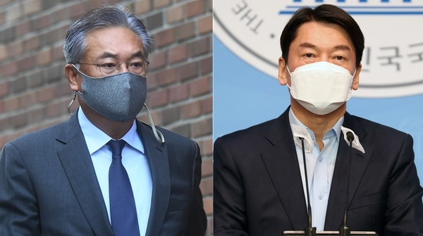 국민의힘 정진석 공천관리위원장(왼쪽)과 국민의당 안철수 대표