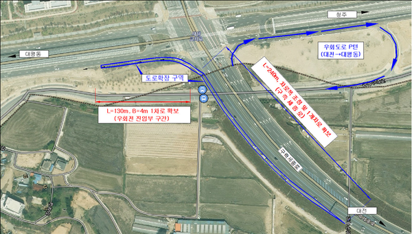 출근시간대 상습정체를 빚어온 새샘교차로의 교통상황이 개선된다. 사진은 새샘교차로 공사구간 위치도. 세종시 제공