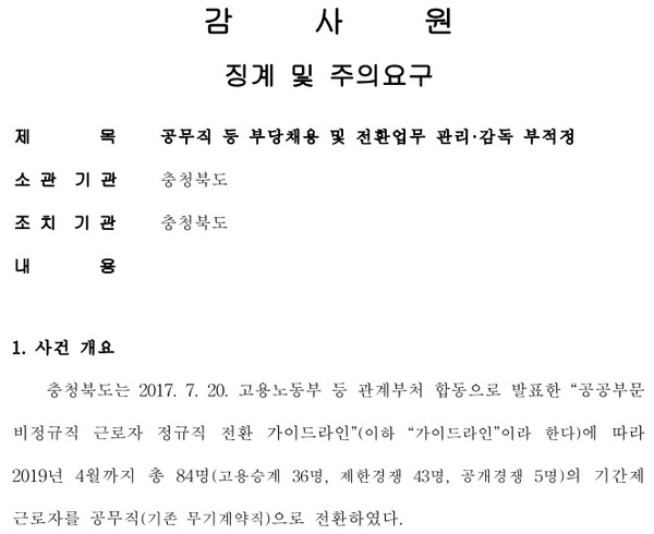 감사원의 ‘지방자치단체 등 기동점검’ 감사보고서 중 충북도 관련 자료 일부