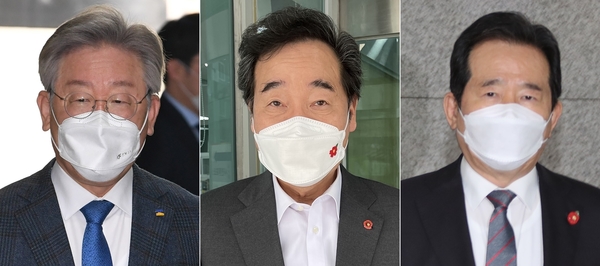 왼쪽부터 이재명 경기지사, 이낙연 더불어민주당 전 대표, 정세균 전 국무총리. 연합뉴스