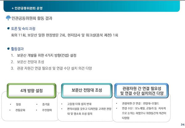 도시여행 인프라 조성 성공사례 조사 대전시민 토론회 자료 중 보문산 관광 활성화 민관공동위원회 활동 결과에 관한 내용. 대전충남녹색연합 제공