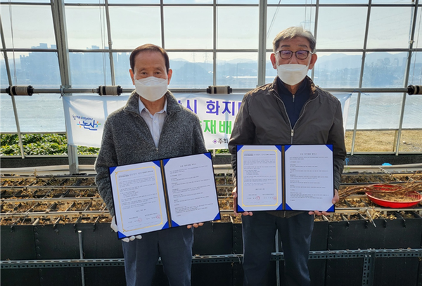 화방초협동조합(이사장 최영준)이 최근 한국감초영농조합과 업무협약을 맺고 상호협력 및 유대관계 공고를 다짐했다. 논산시 제공 