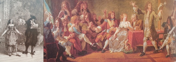 ‘타르튀프’의 명장면 3막(왼쪽), ‘타르튀프’의 작품을 읽고있는 몰리에르.