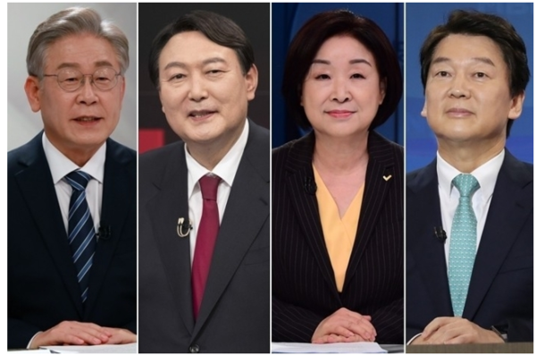 왼쪽부터 이재명 더불어민주당, 윤석열 국민의힘, 심상정 정의당, 안철수 국민의당 대선 후보 / 연합