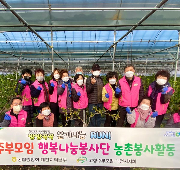 농협 대전지역본부 임직원들과 (사)고향주부모임 대전시지회 행복나눔봉사단이 23일 대전시 중구 정생동 소재 천혜향 재배 농가를 찾아 임인년 첫 농촌일손돕기와 우리농산물 소비촉진 행사를 가진 후 기념촬영을 하고 있다. 농협 대전지역본부 제공