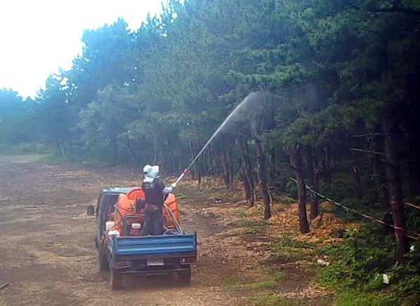 지난 2015년 제주 백신 시험림에 미상의 약제가 뿌려지고 있다.