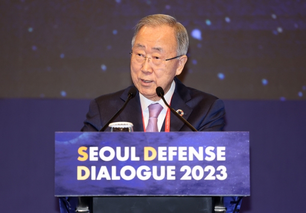 반기문 전 총장이 지난 18일 서울 강남구 그랜드인터컨티넨탈 파르나스호텔에서 열린 2023 서울안보대화(SDD)에서 기조연설을 하고 있다. 연합뉴스