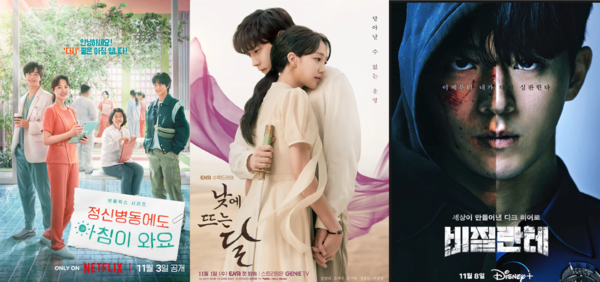 사진 = 넷플릭스 ‘정신병동에도 아침이 와요 포스터’, ENA ‘낮에 뜨는 달’ 포스터, 디즈니플러스 ‘비질란테’ 포스터