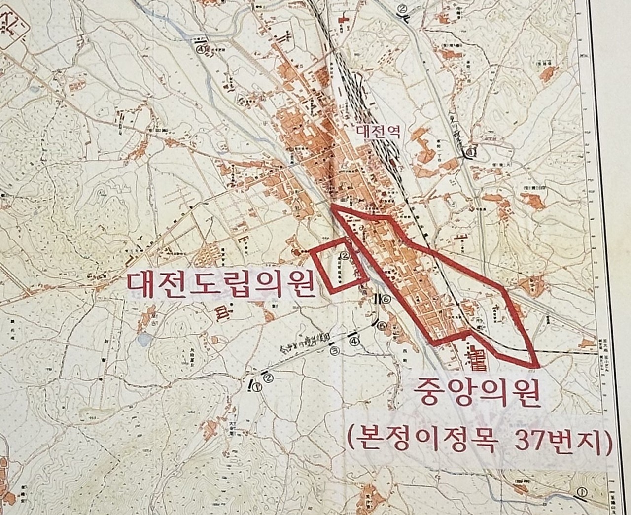 중앙의원 위치가 표시된 대전지형도. 대전시립박물관 제공