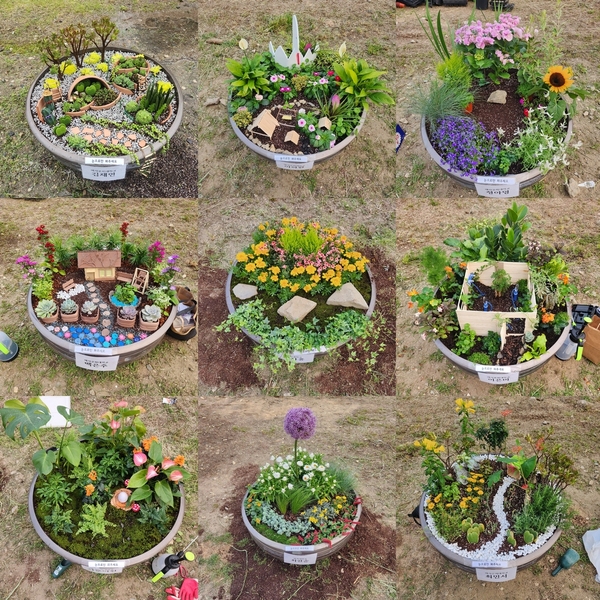 천안지역 대학생들이 만든 미니어처 화분 정원들. 내달 12일까지 천안천변 천안종합터미널 뒤편에 전시된다. 천안시 제공