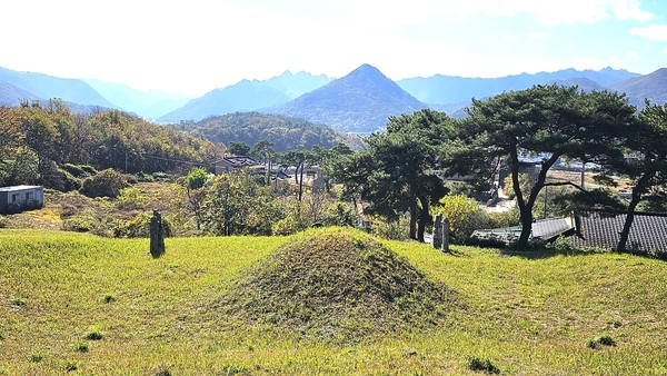 명당이라 소문난 남이웅 조애중 부부의 합장 묘소 뒤에서 바라본 풍경.