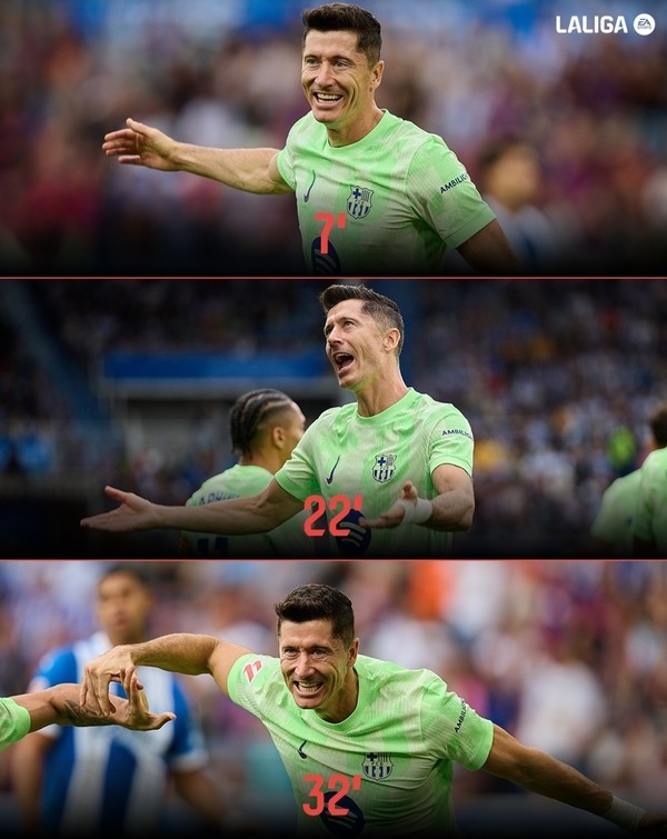 사진= 전반 32분만에 헤트트릭을 기록한 레반도프스키. laliga 인스타그램