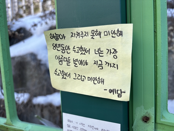 13일 대전 서구 A 초등학교 울타리에 고 김하늘(7) 양을 추모하는 편지가 붙어 있다.