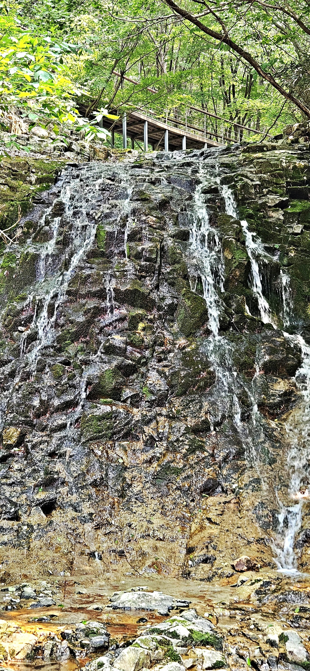 선녀폭포. 물줄기가 선녀의 하얀 비단치마처럼 흘러서 이름이 선녀폭포다.
