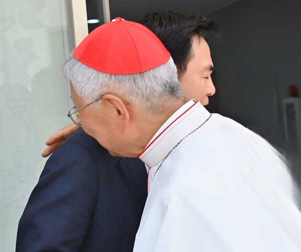 포옹하는 김태흠 지사와 유흥식 추기경. 충남도 제공