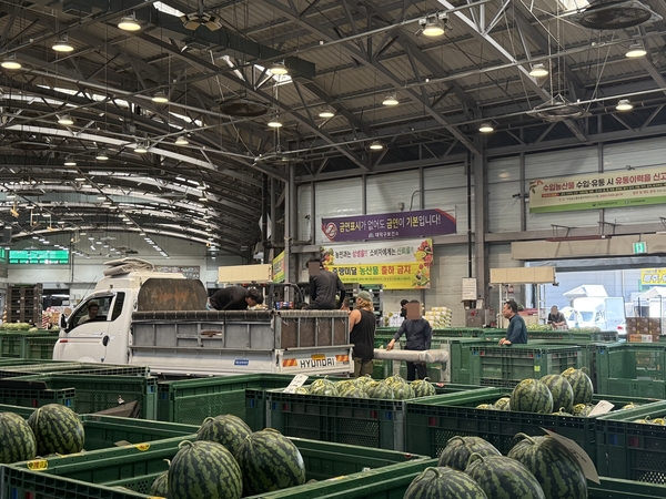 오정동농수산물 시장에서 수박을 나르는 모습. 정근우 수습기자.